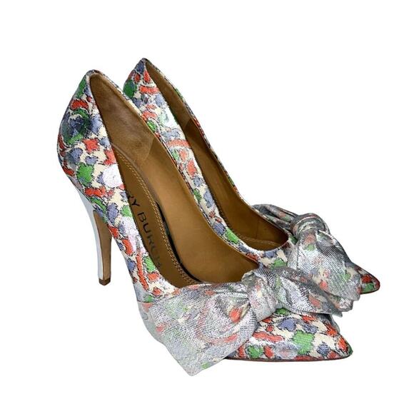 Tory Burch Bow Lurex Jacquard Brocade Pumps in Silver/Red/Green Size US 7M - Picture 1 of 8